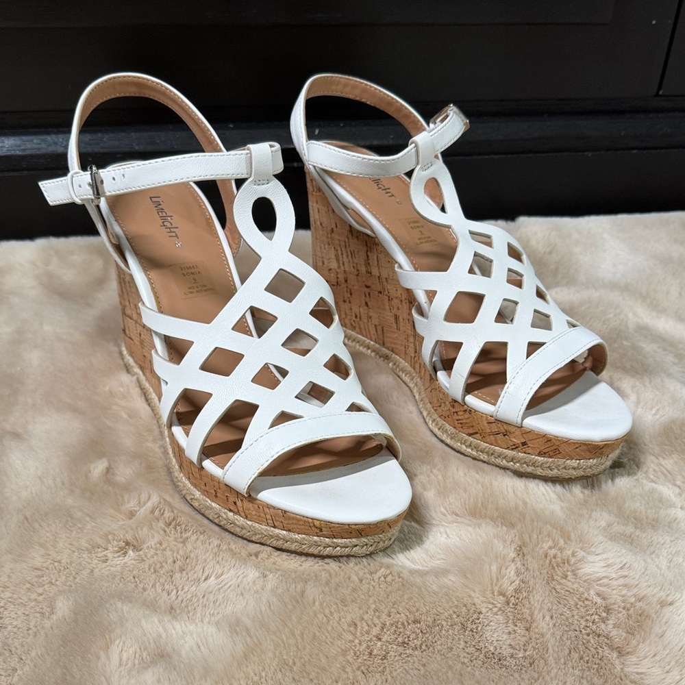 Limelight White Faux Leather Cutout Cork Wedge Sandals